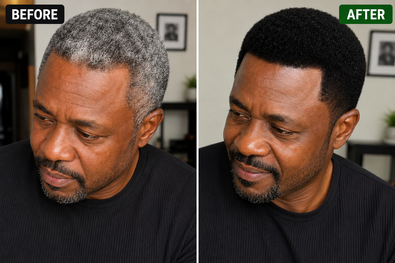 Before and after using Glamesy hair color shampoo on gray hair, man
