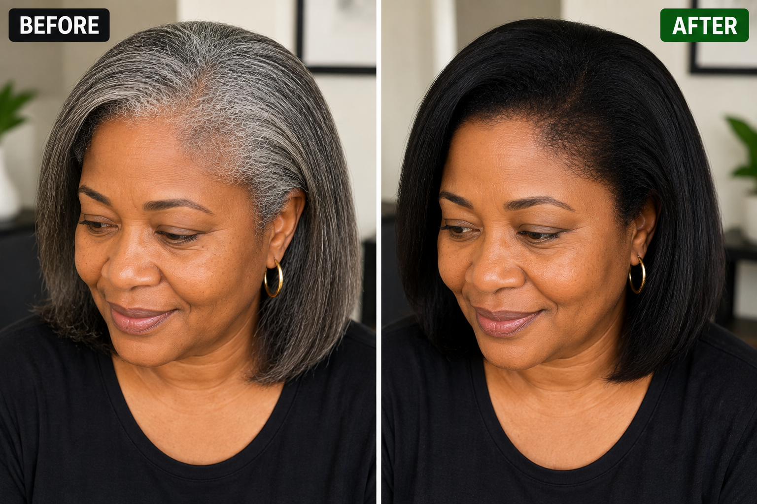 Before and after using Glamesy hair color shampoo on gray hair, woman