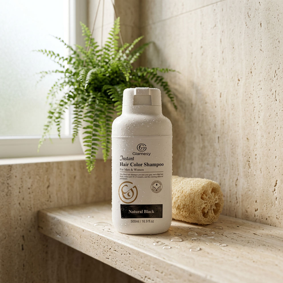 Glamesy shampoo bottle on bathroom shelf