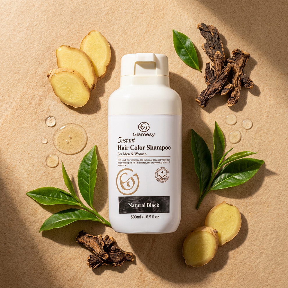Glamesy shampoo bottle with ginger and tea leaves