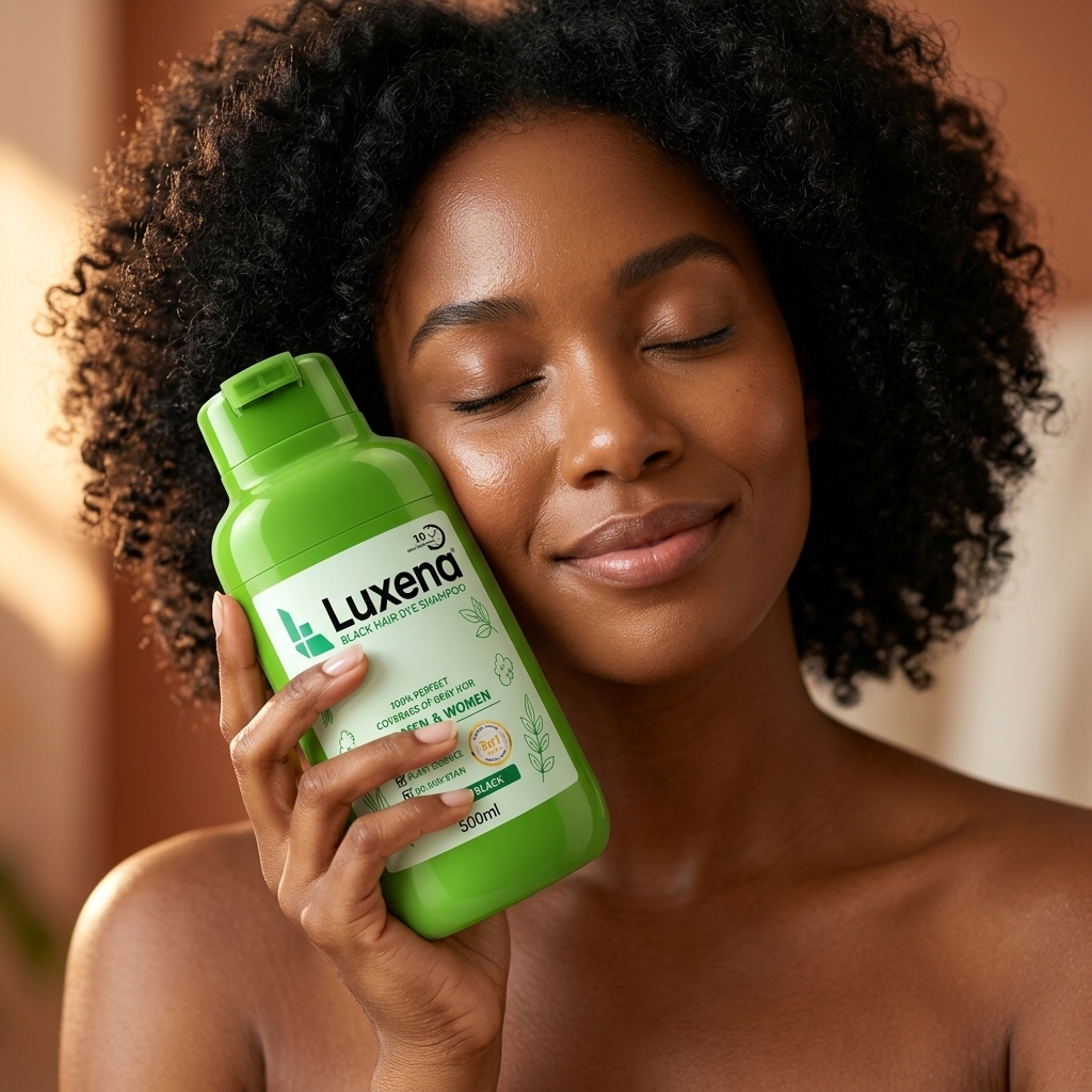 Model holding Luxena Black Hair Dye Shampoo