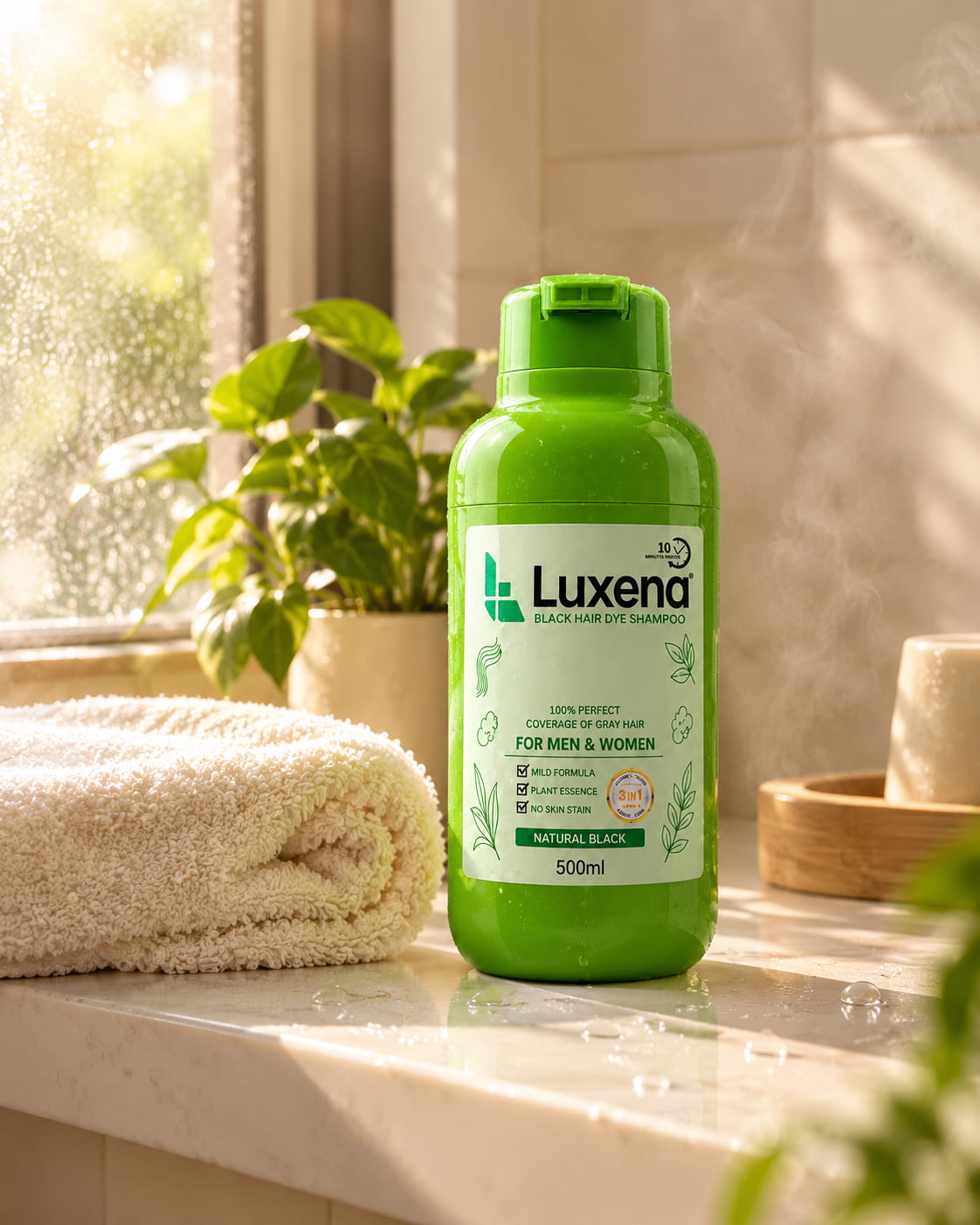 Luxena shampoo in a sunlit bathroom